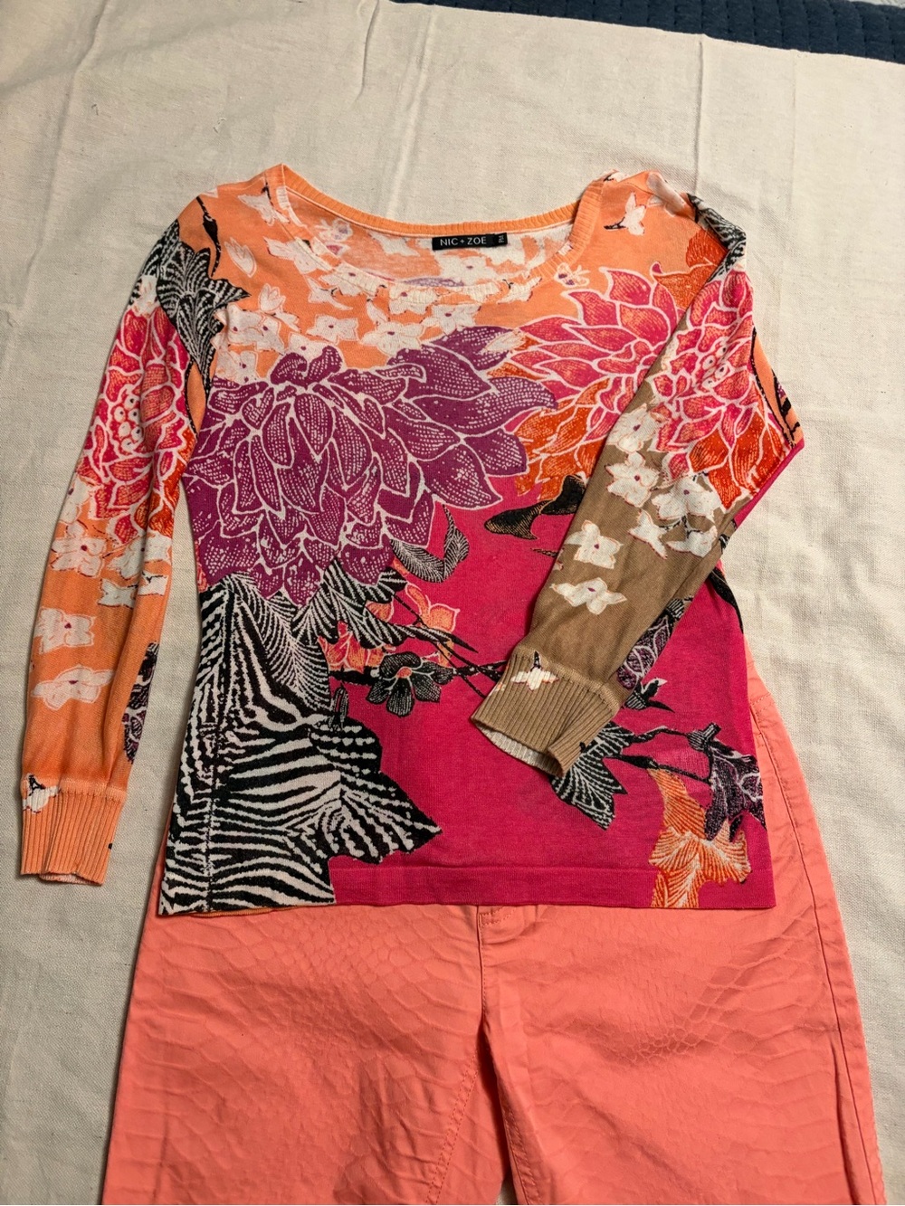 NIC+ZOE Floral Mixed-Color Long Sleeve Top - Pink & Orange - Picture 2 of 6